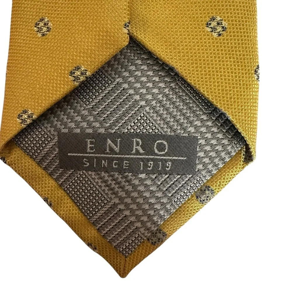 ENRO 100% Silk Men's Tie Mustard Yellow Gold with Blue Geometric Pattern